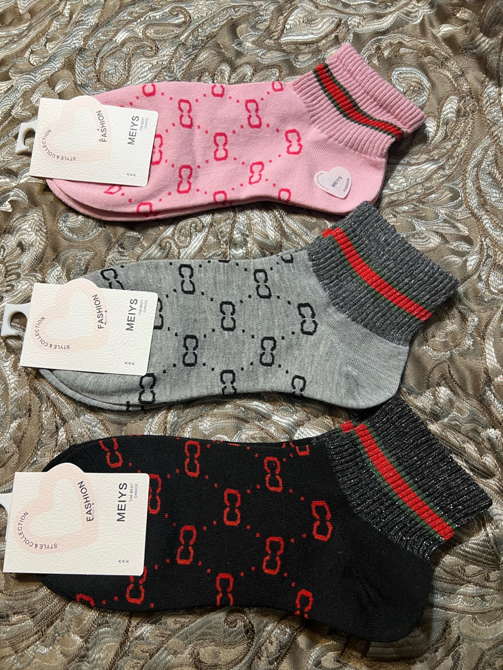 Fashion Patterned Women Ankle Socks - Pink, Black, Gray (3-Pack)